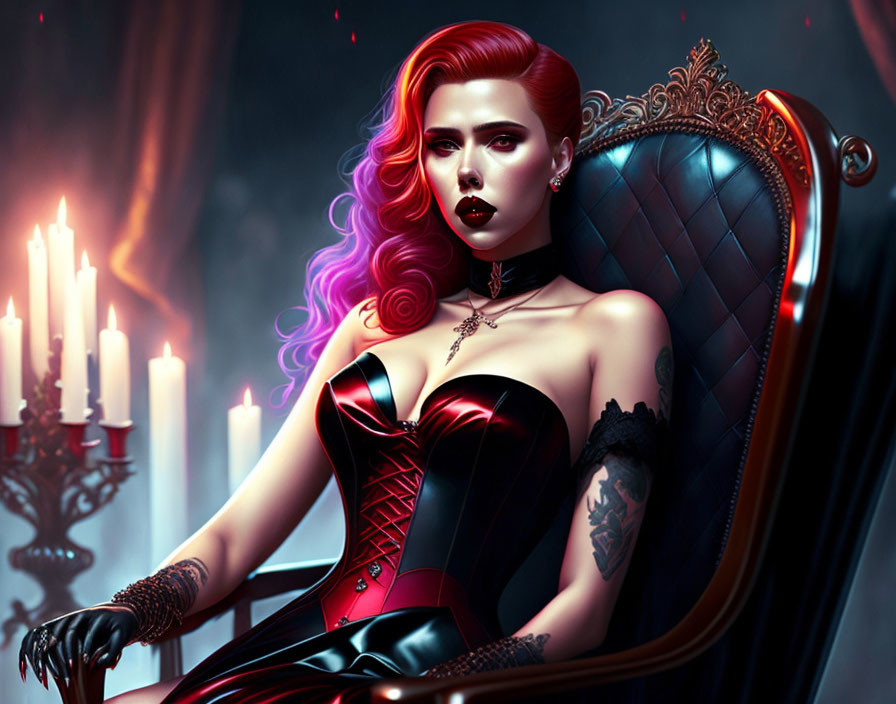 Woman with Red and Purple Hair in Gothic Setting with Candles