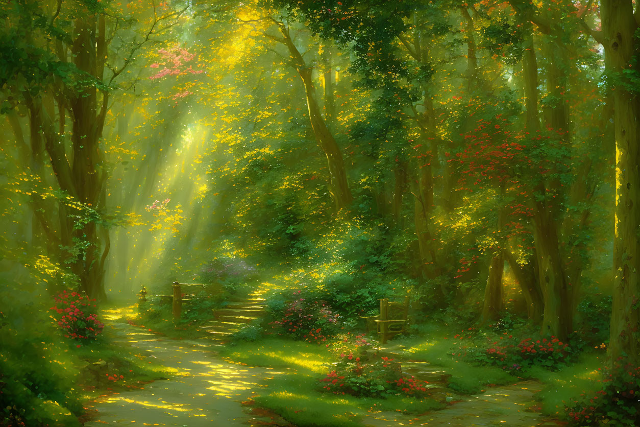 Tranquil Forest Path with Sunlight and Lush Greenery