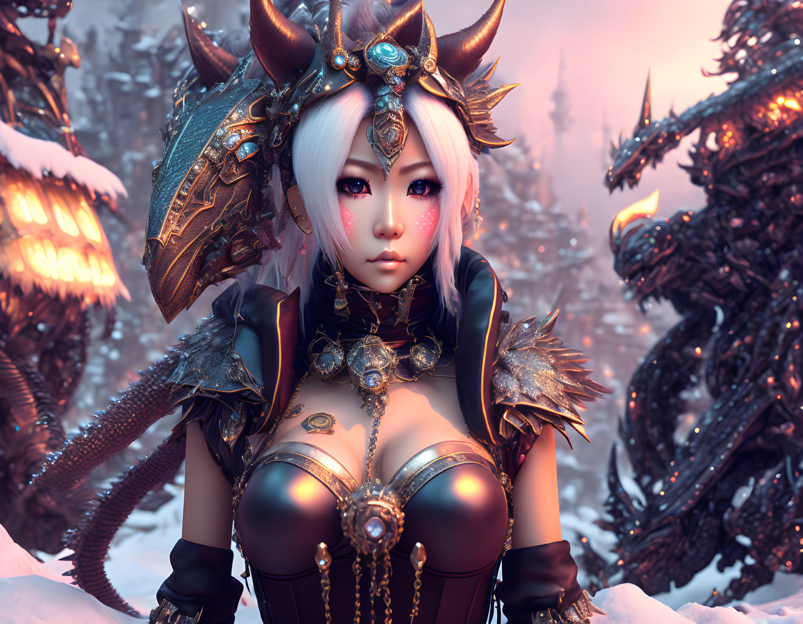 Fantasy female warrior with white hair in snowy landscape.