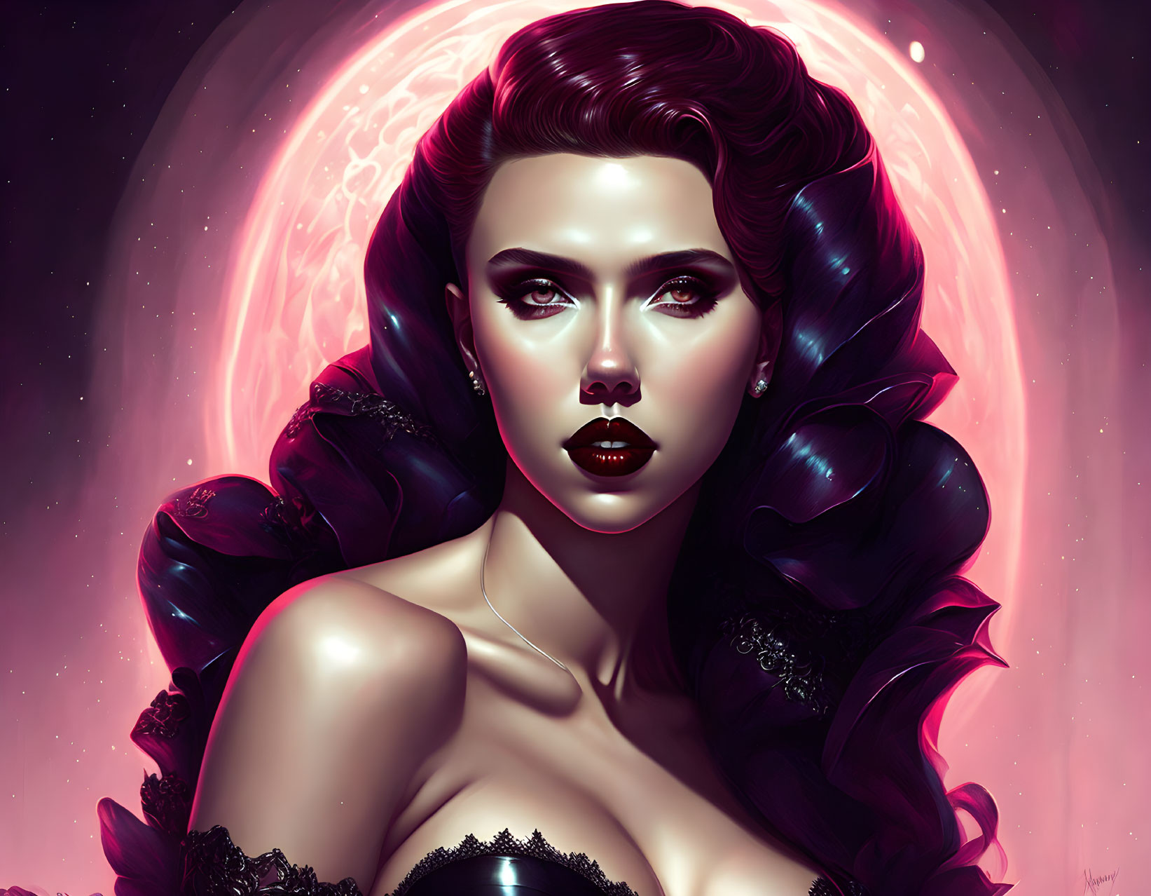 Digital artwork: Woman with wavy hair, red lips, dark dress, on cosmic pink background