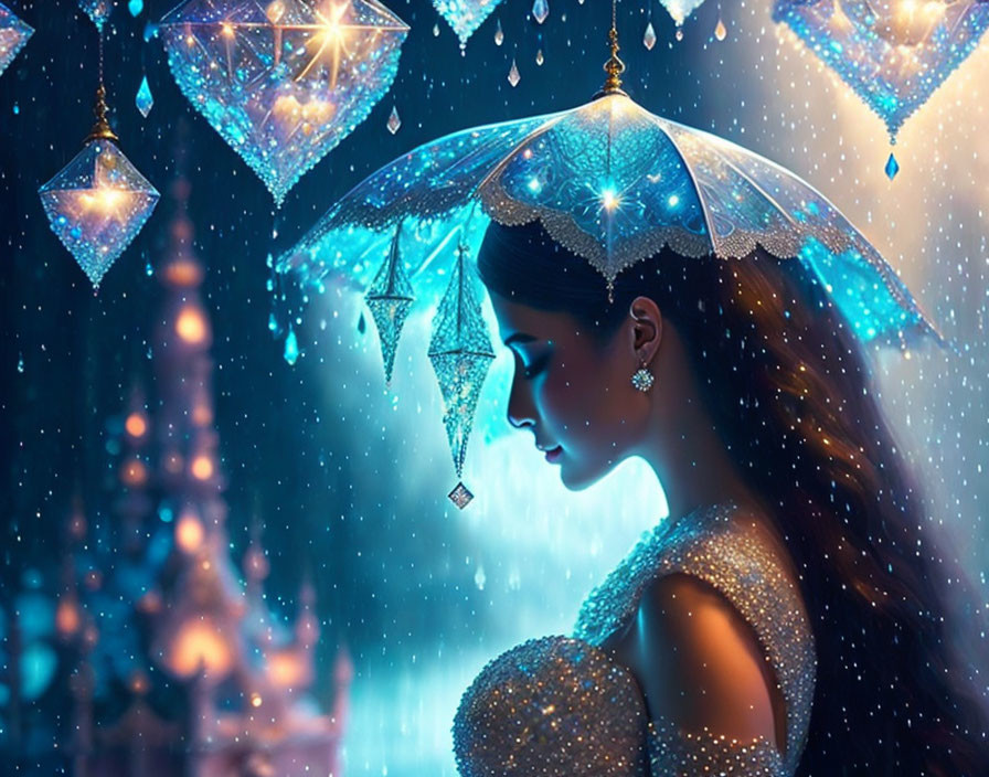 Illuminated umbrella woman in enchanted snowy scene