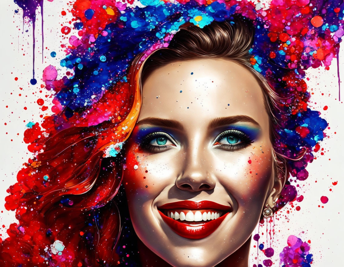 Colorful portrait of a smiling woman with paint splashes and sparkles.