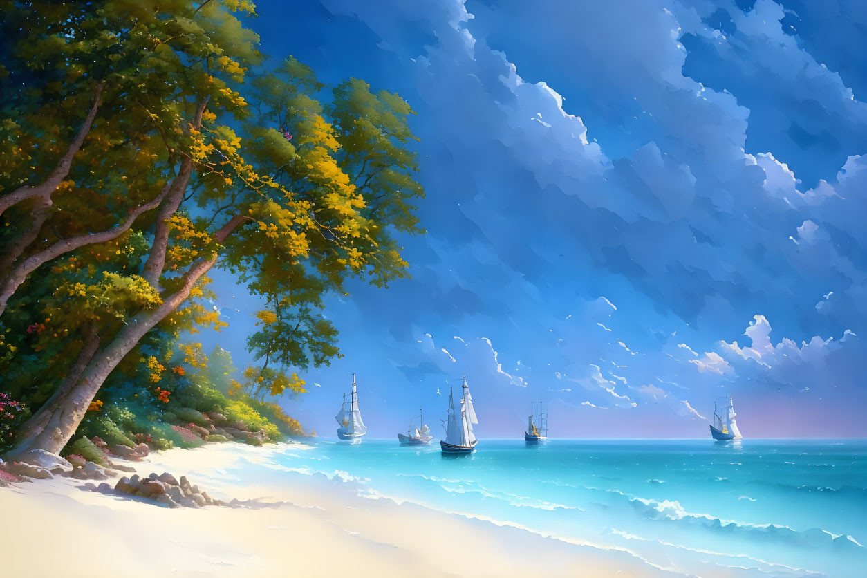 Tranquil beach scene with tall ships, blue sky, fluffy clouds, and lush trees