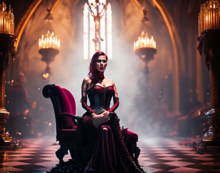 Elegant woman in gothic dress on throne in luxurious room