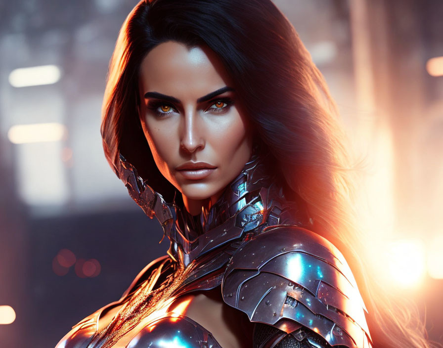 Striking woman in futuristic armor against illuminated background