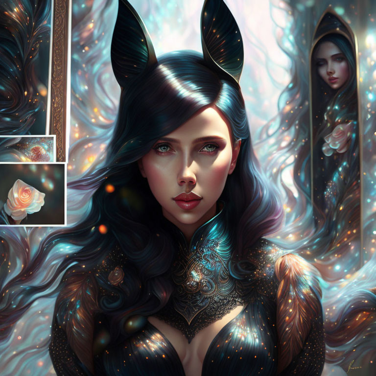 Stylized portrait of a woman with blue-black hair and fox-like ears in dark armor with mystical