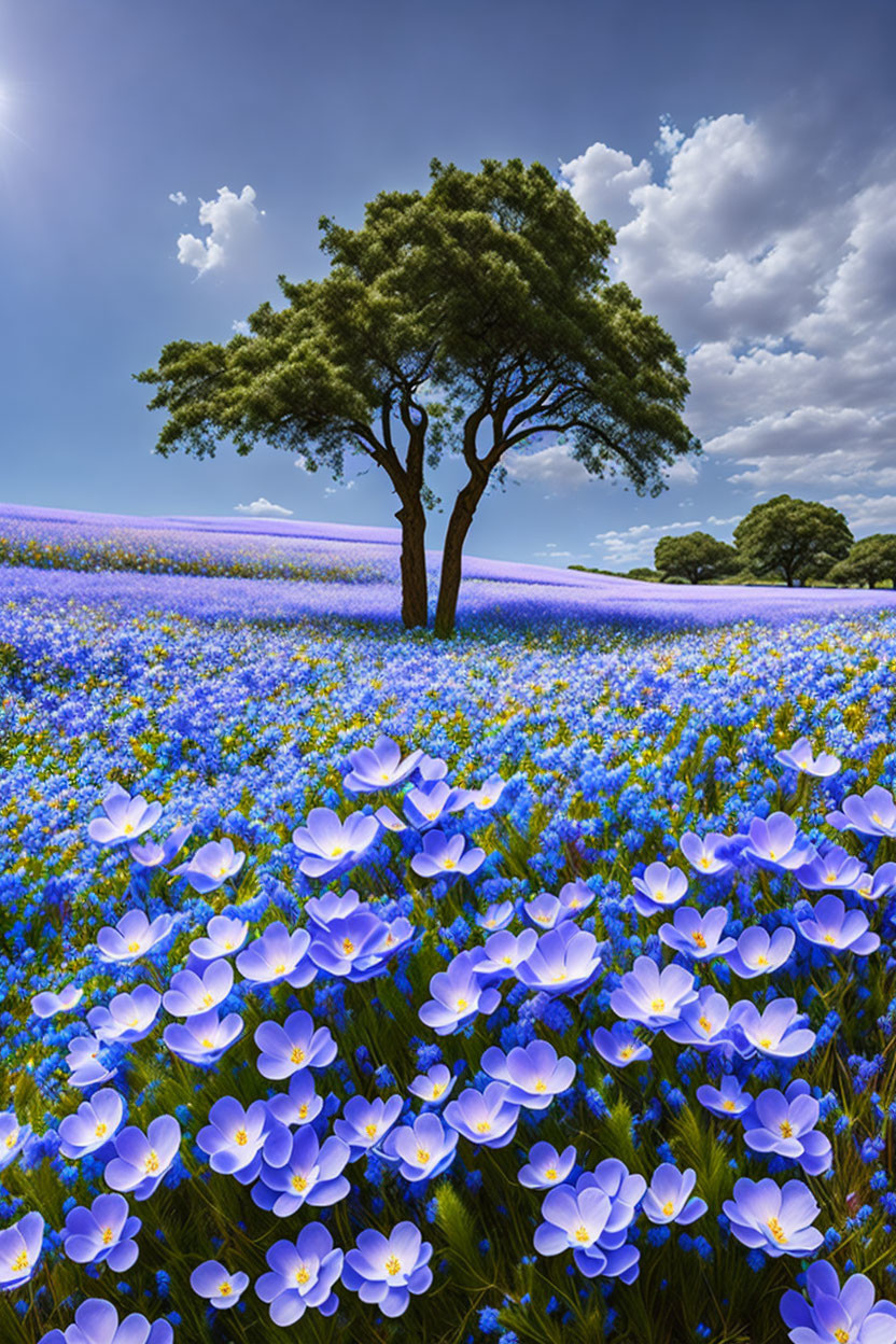 Vibrant blue flowers in a field with a lone tree under a cloudy sky