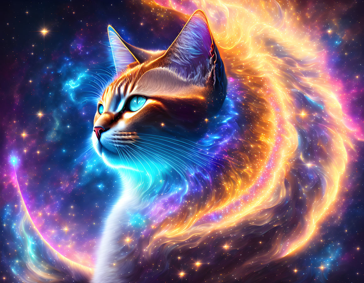 Vibrant space-themed digital artwork featuring a cat in a cosmic galaxy.