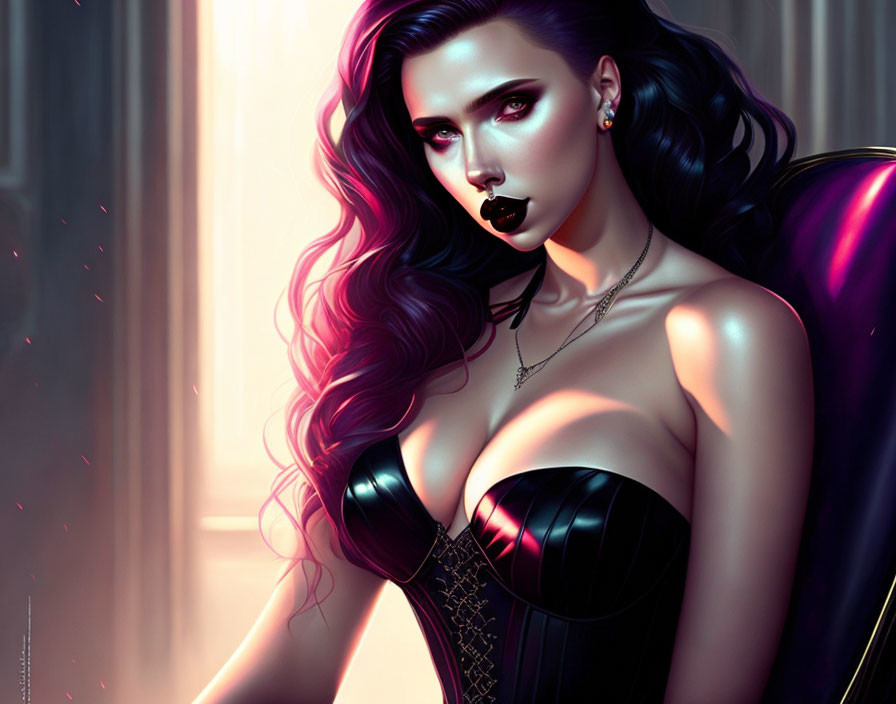 Dark-haired woman in black corset with gothic aesthetic