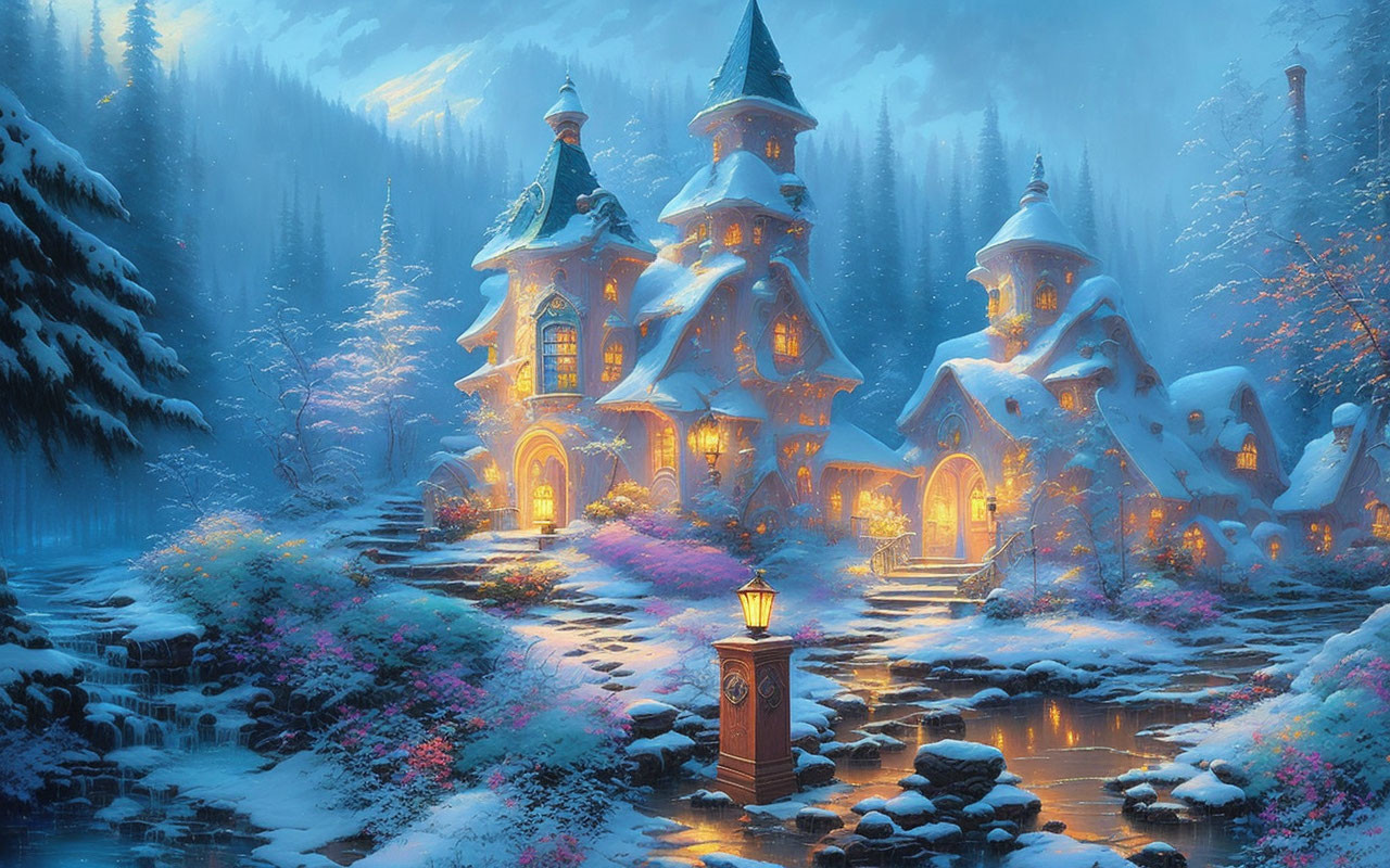 Whimsical winter castle scene with snow-covered trees and glowing lantern