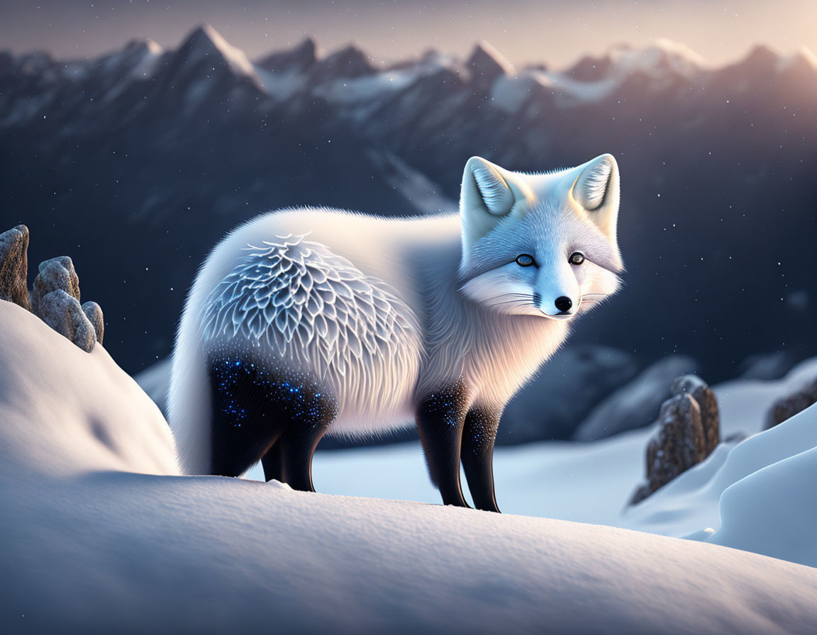 Fantasy Arctic Fox with Celestial Patterns in Snowy Mountain Landscape