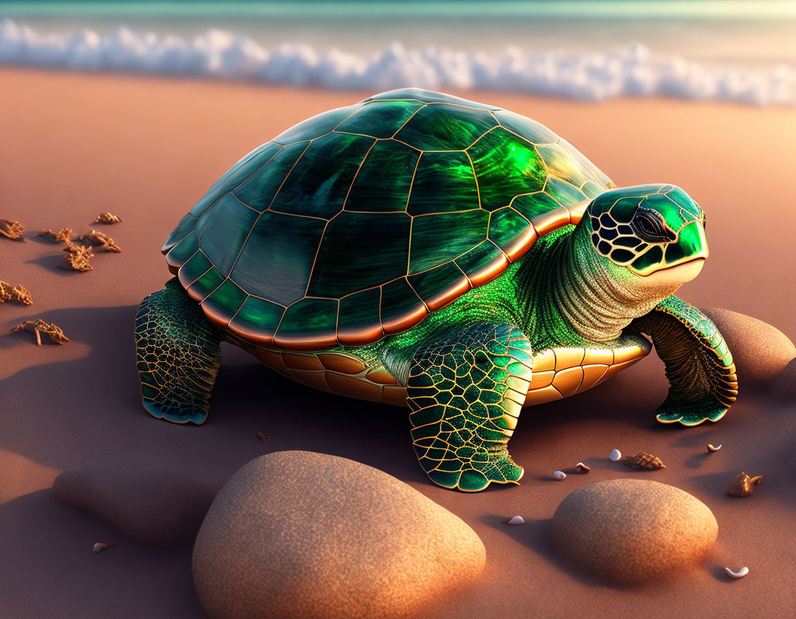 Green Turtle with Glossy Shell on Sandy Beach Facing Ocean