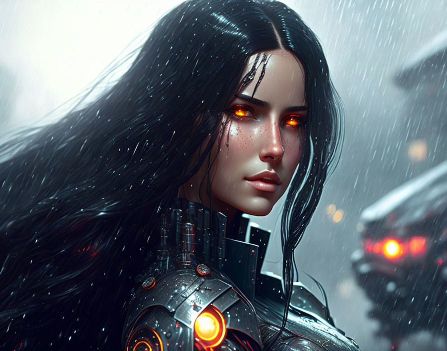 Female cyborg with red eyes in futuristic armor in snowy scene