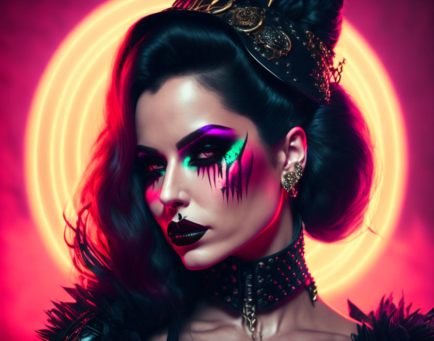 Woman with dramatic makeup in spiked collar and tiara on neon-lit background