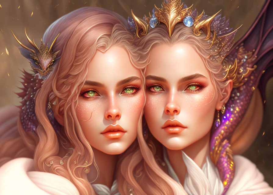 Identical fantasy characters with green eyes, gold crowns, and dragon-like ears on warm background