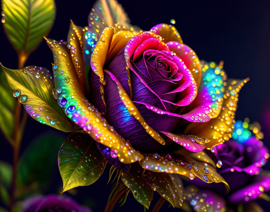 Colorful Rose with Dewdrops on Dark Background