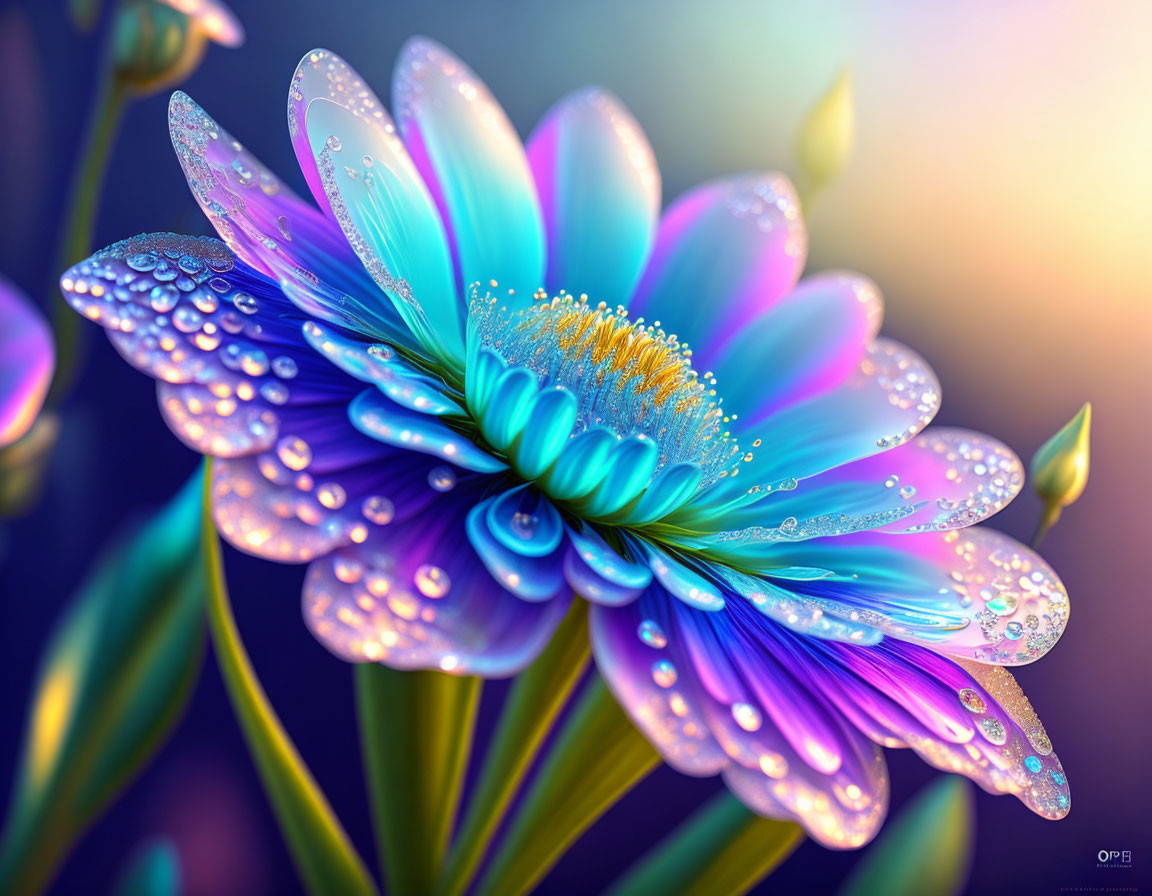 Colorful digital artwork: Blue and purple flower with dew drops on petals