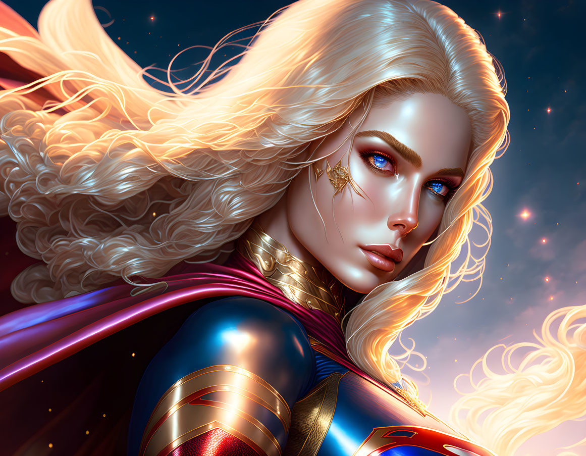 Blonde Female Superhero in Red and Gold Costume on Cosmic Background