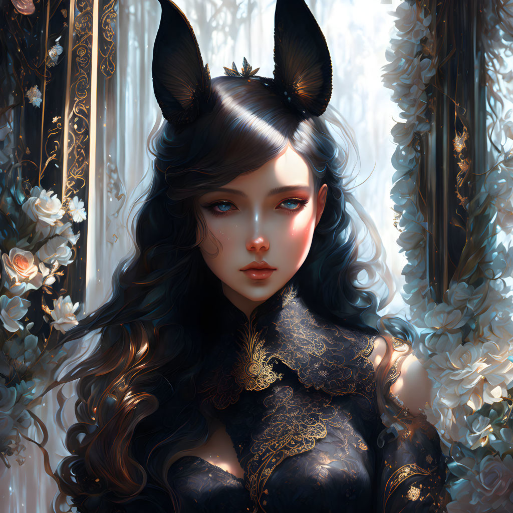 Illustration of female figure with cat ears in black and gold outfit among white flowers in mystical forest