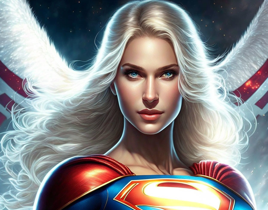 Female superhero with white hair, blue eyes, in red and blue suit