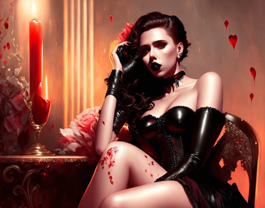 Gothic woman with red rose, candle, and floating hearts in romantic scene