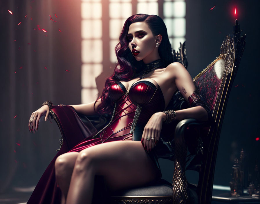 Regal woman in red gown and corset on throne in dimly lit room