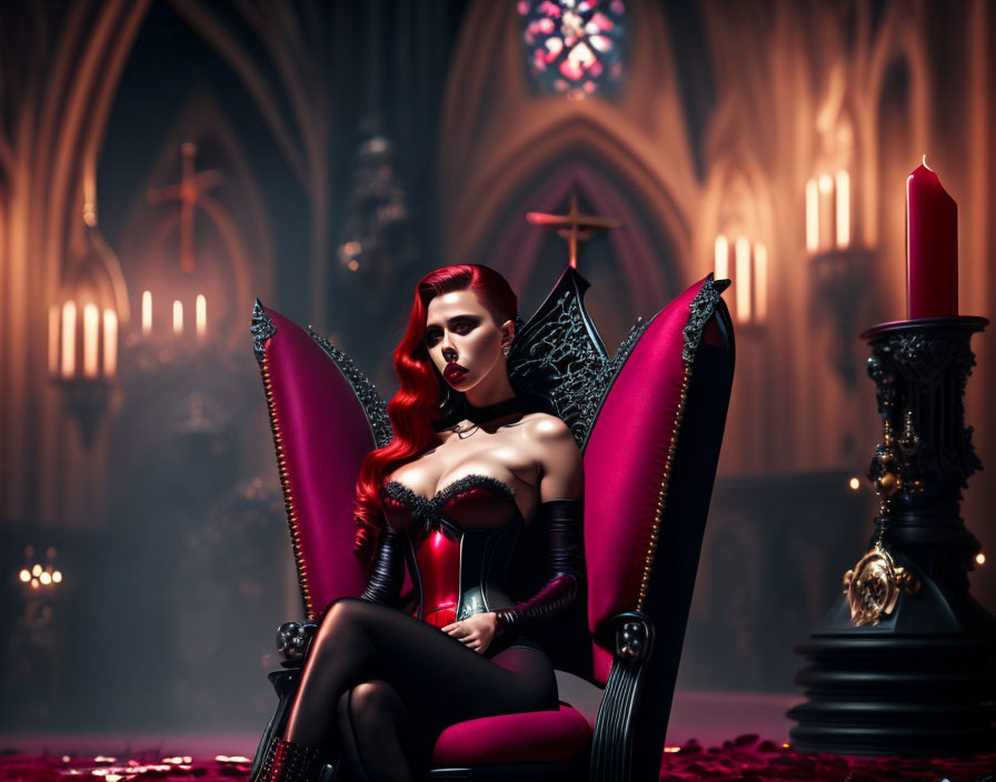 Red-haired woman seated on gothic throne in candlelit cathedral room