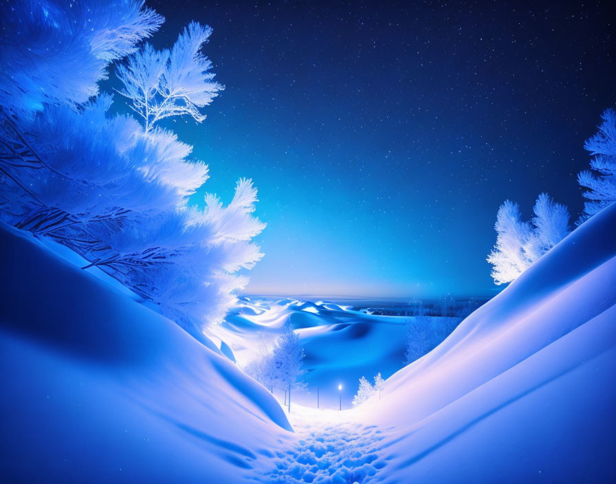 Snow-covered trees and starry sky in serene winter night landscape