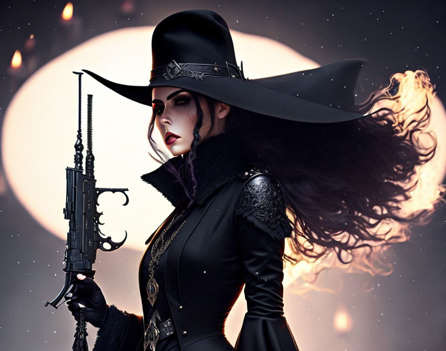 Stylized gothic woman with ornate rifle and wide-brimmed hat in fiery hair.