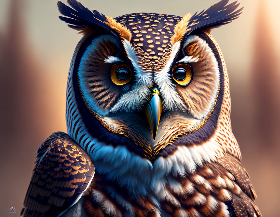 Detailed digital owl illustration with orange eyes and intricate feather patterns