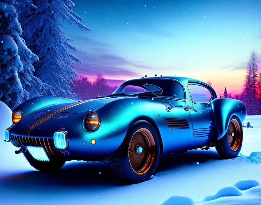 Blue sports car in snowy night scene with starry sky and gradient backdrop