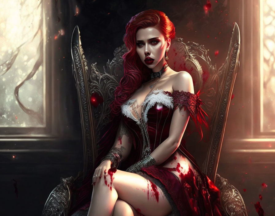 Red-haired woman in gothic gown on throne in dark, brooding ambiance