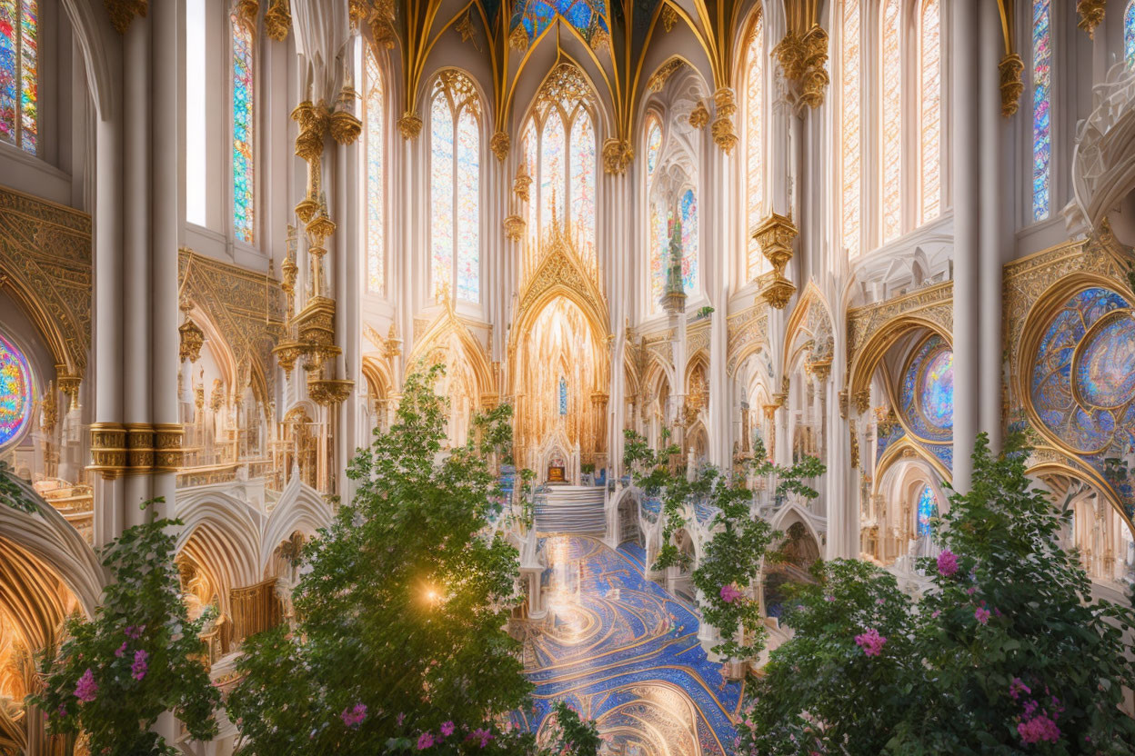 Ornate Cathedral Interior with Stained Glass Windows