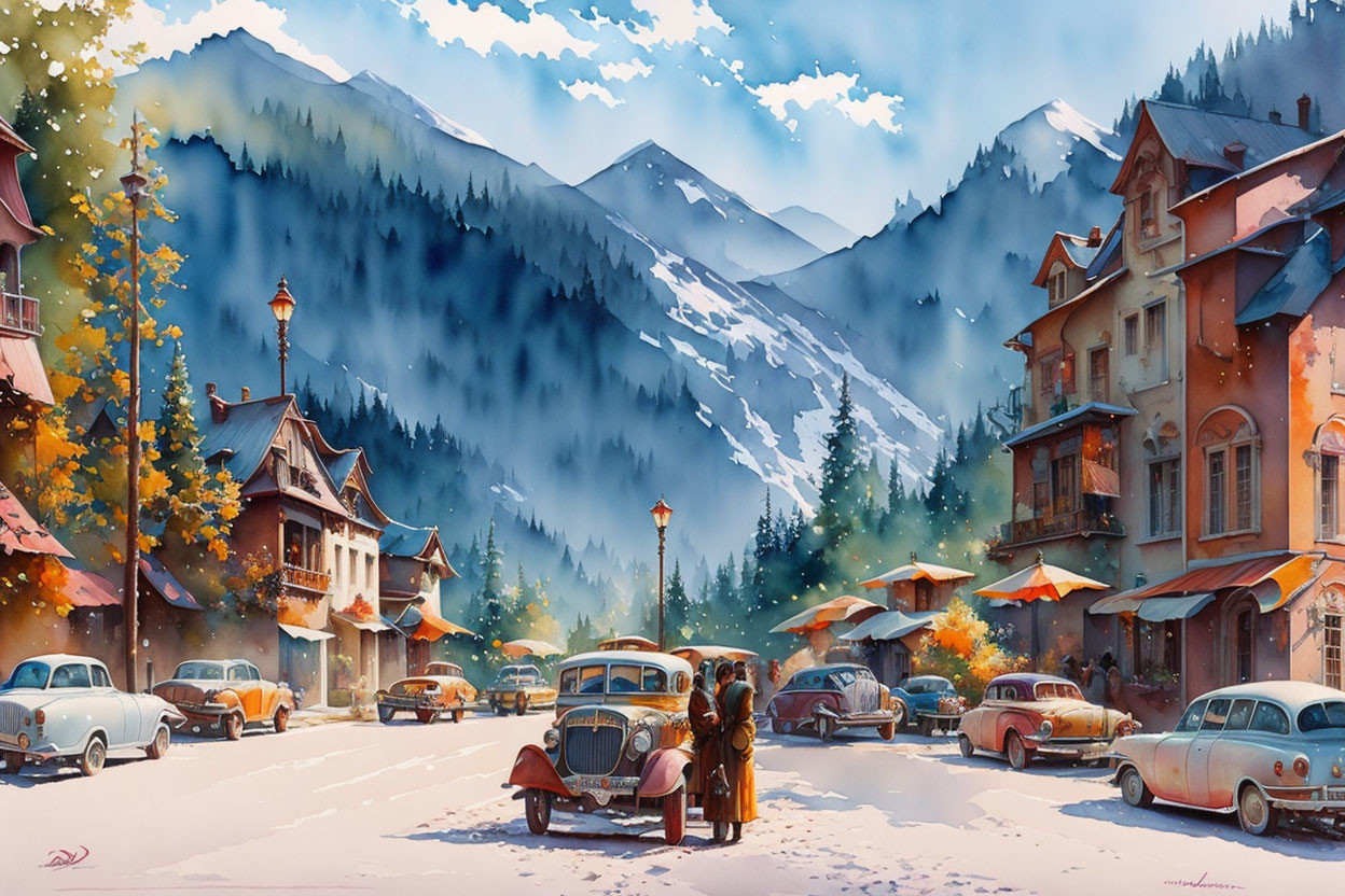 Snowy Mountain Village Painting with Vintage Cars and People in Warm Clothing