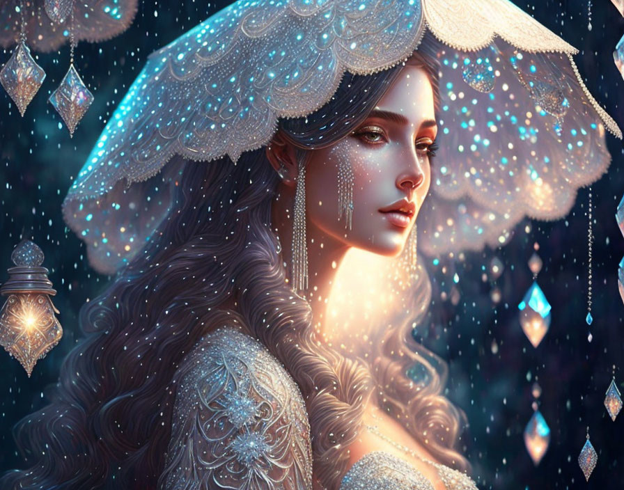 Illustrated woman in lace attire and veil on starry background with lanterns and crystals