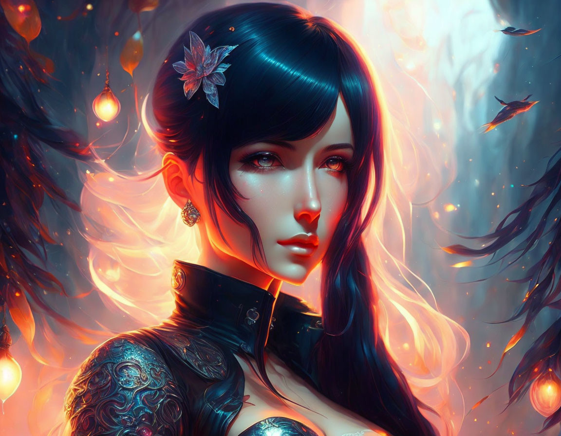 Artwork featuring woman with black hair, red eyes, flower, glowing lights, and ethereal leaves