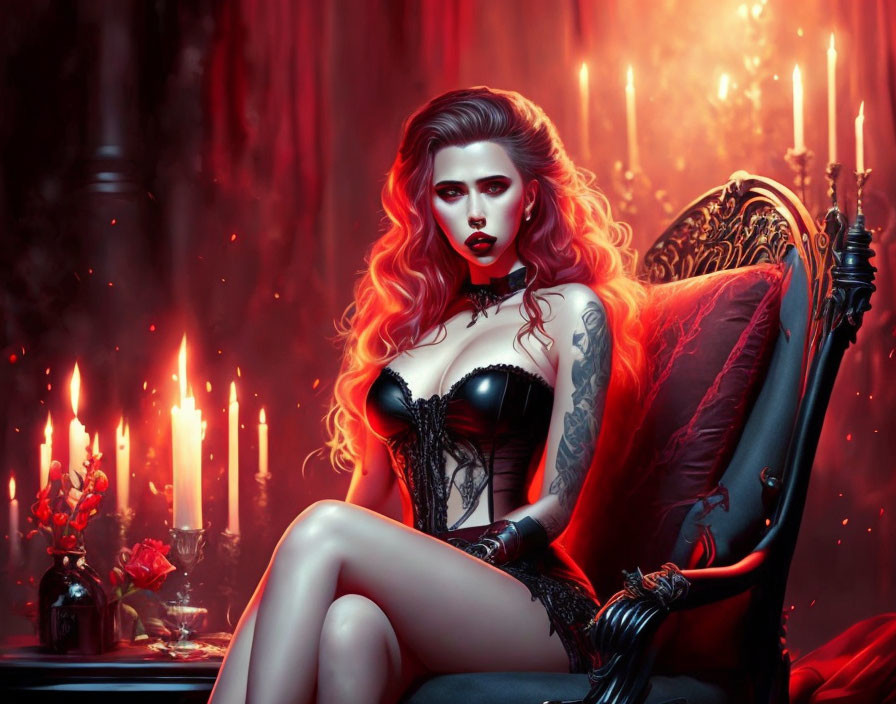 Stylized image of woman with red hair in Gothic attire on throne surrounded by candles