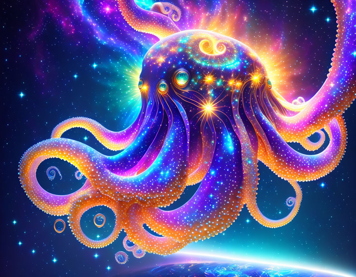 Colorful Octopus Illustration with Galaxy Pattern in Cosmic Space