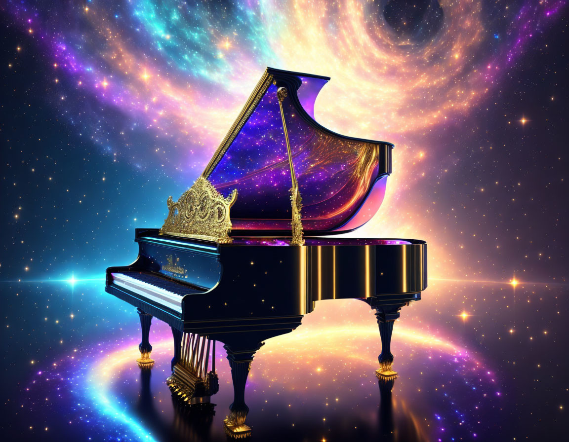 Cosmic Design Grand Piano with Galaxy Background and Crown