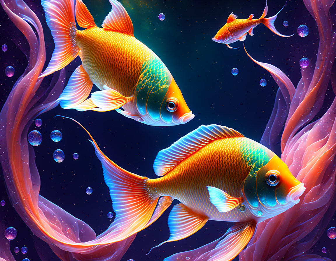 Vibrant orange fish among purple aquatic plants and bubbles