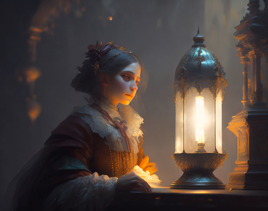 Historical woman with lantern in ornate dim room