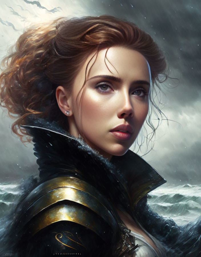 Portrait of woman in armor with wavy hair against stormy sea backdrop