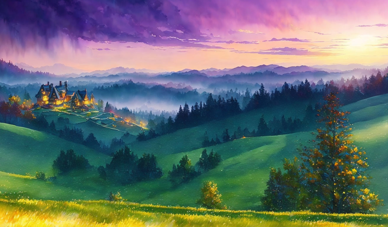 Vibrant landscape painting: green hills, forest, twilight houses, purple sky, fog.