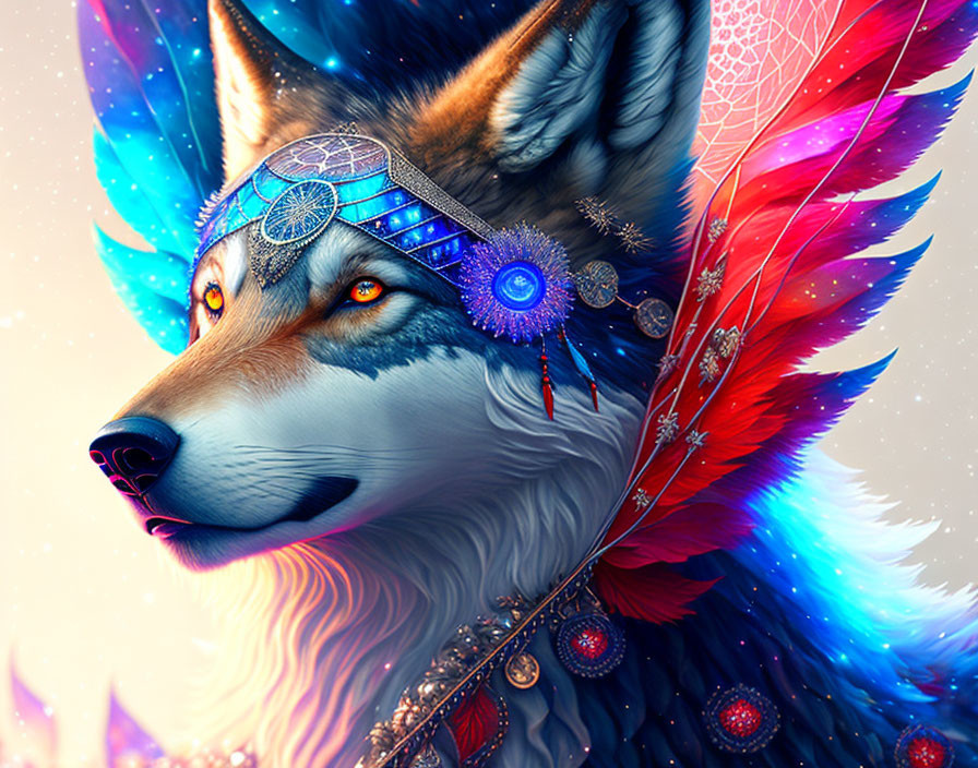 Colorful Digital Art: Wolf with Dreamcatcher, Feathers, and Jewelry