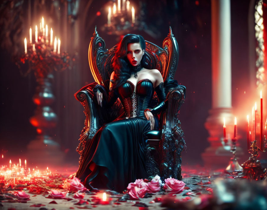 Woman in gothic dress on ornate throne in candlelit room