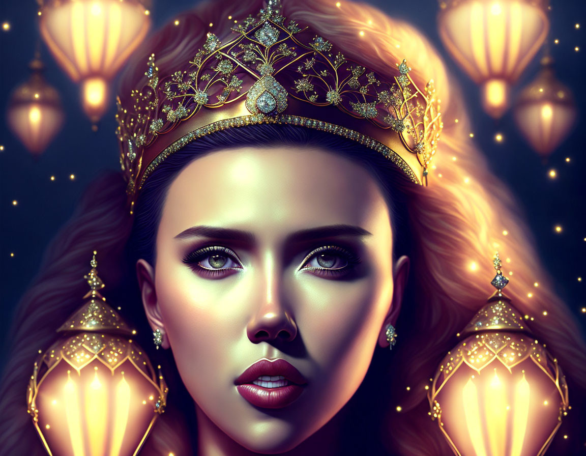 Digital Artwork: Woman with Crown and Flowing Hair Among Glowing Lanterns