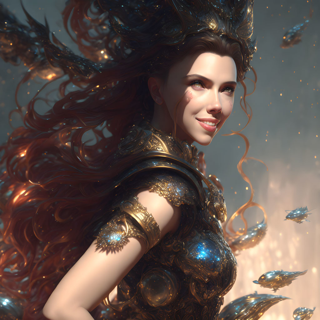 Radiant woman in auburn hair and golden armor with shimmering lights.