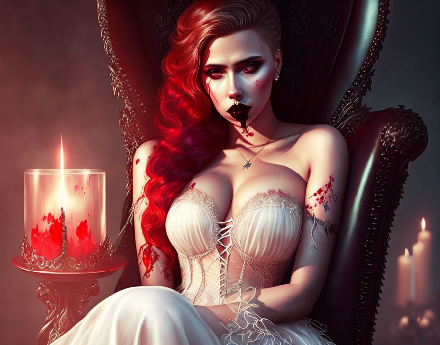 Gothic-style illustration of pale woman with red hair in vampiric makeup on throne with candles