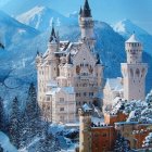 Whimsical winter castle scene with snow-covered trees and glowing lantern