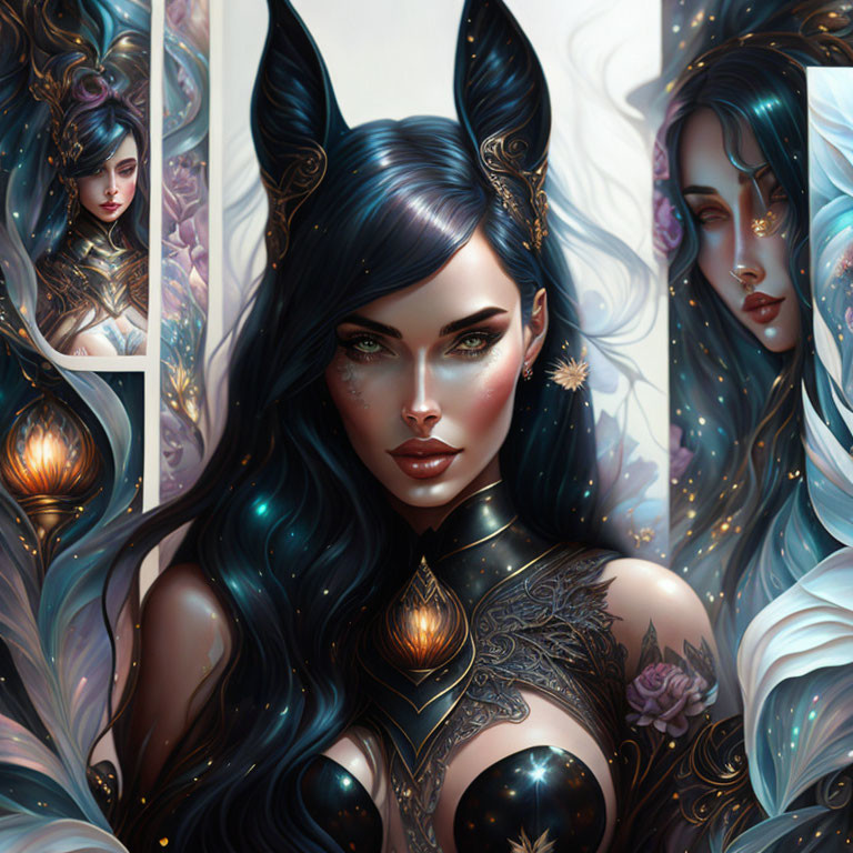 Fantasy illustration of woman with cat ears, tattoos, piercings, and celestial aura